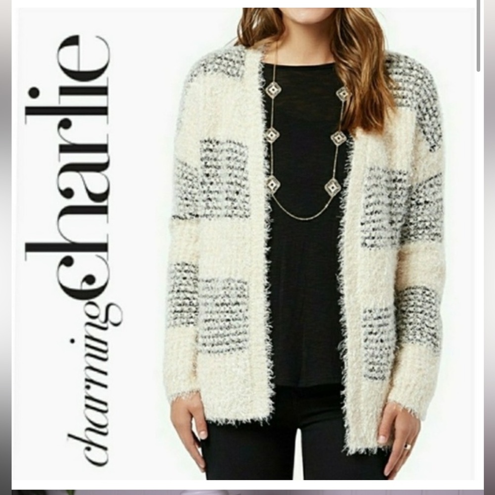 Charming Charlie Striped Eyelash Fuzzy Open Cardi… - image 1